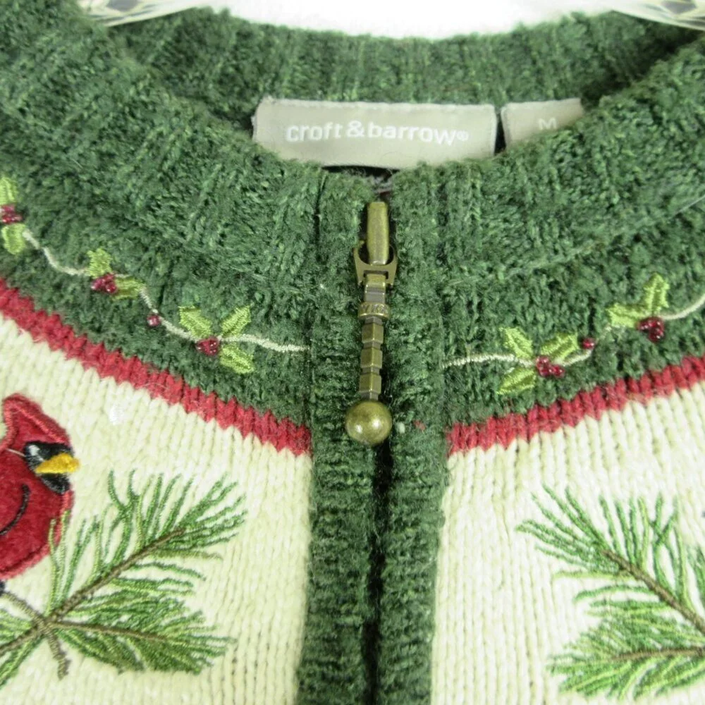 Croft and Borrow Silk Blend Women's Zip Up Sweater Size M Fair Isle Cardinal
